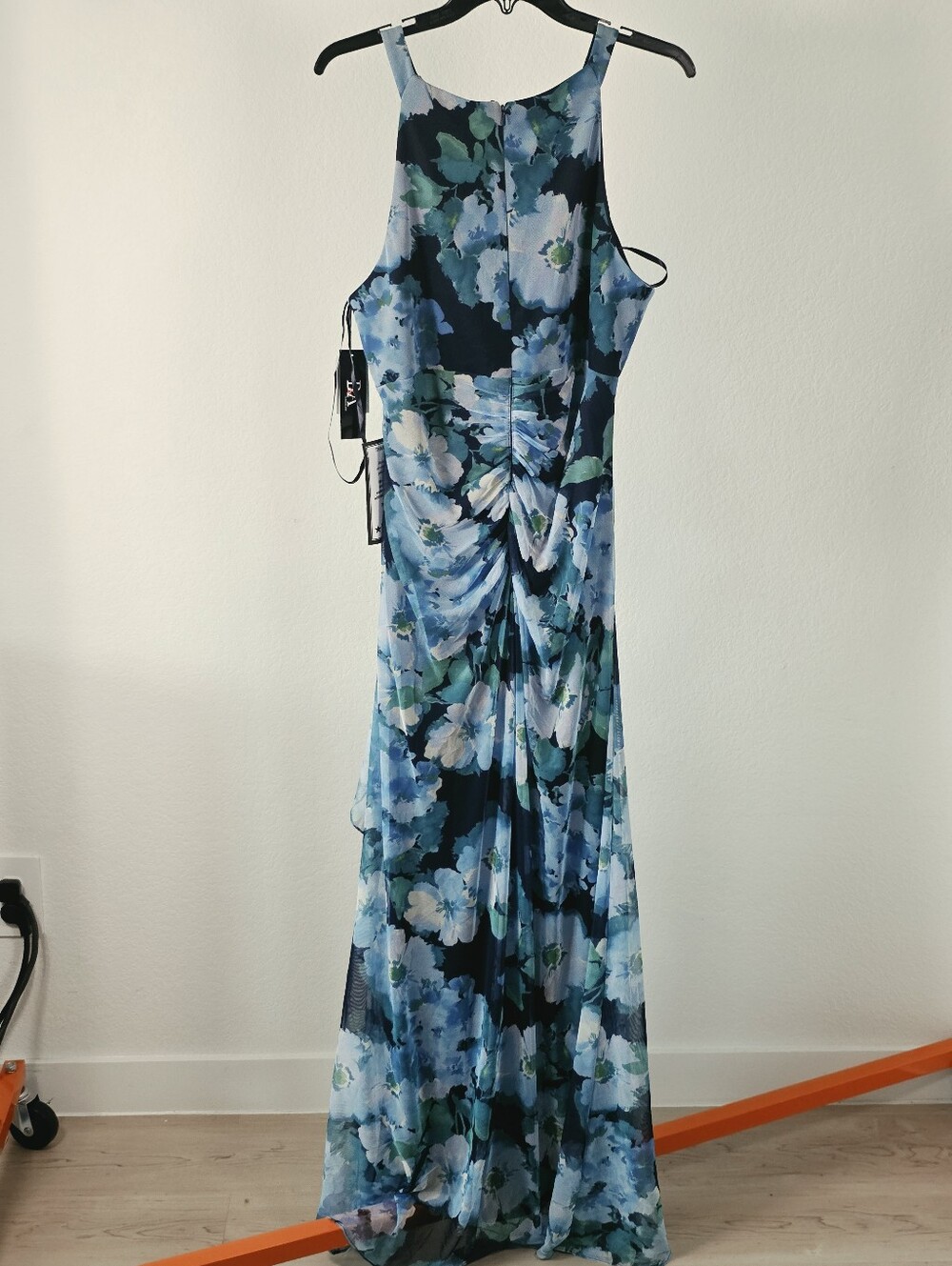 Betsy & Adam NWT Size 16 Blue Floral Chiffon Ruched Ruffle Maxi Gown Dress - Picture 10 of 12